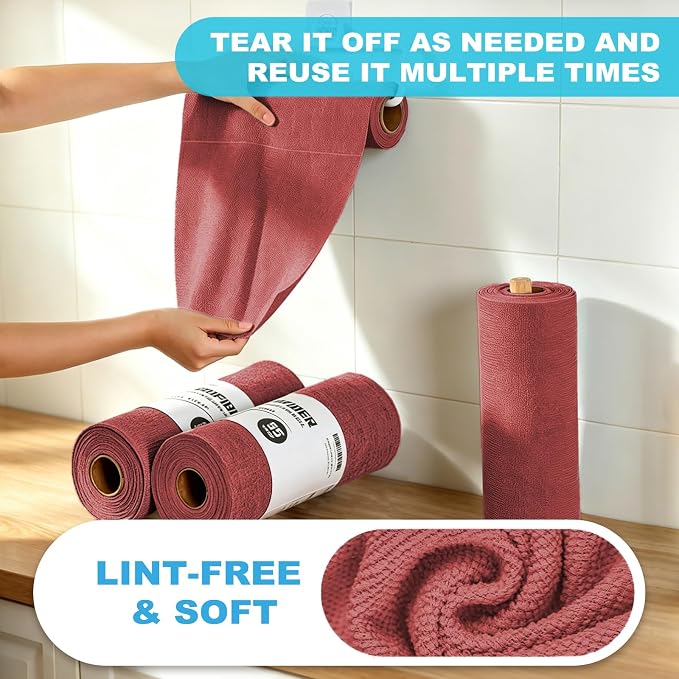 Puomue 55 Pack Microfiber Cleaning Cloth Roll, Tear Away Reusable Paper Towels, 11" X 9", Ultra Absorbent & Lint Free Microfiber Cloth for Cleaning Cars, Kitchen, Window, Home and Shop, Burgundy Red