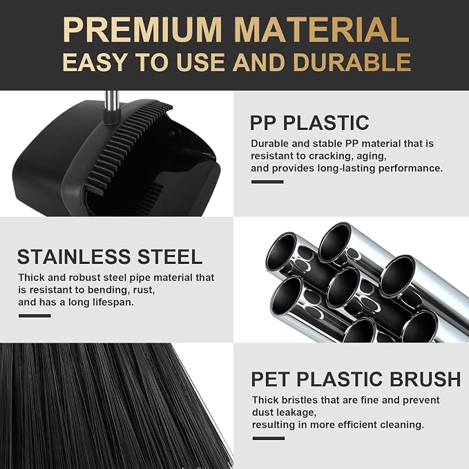 Upgraded Broom and Dustpan Set, 55" Long Handle Black Large Broom with Dustpan Combo Set，Self Cleaning Dustpan for Lobby Kitchen Office Restaurant