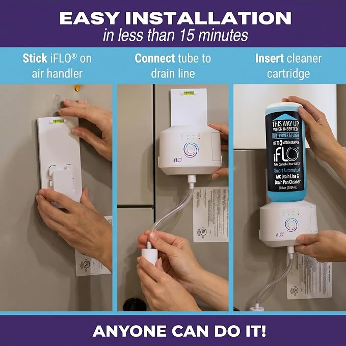 iFLO® Smart A/C Drain Line and Drain Pan Cleaner for HVAC System, Clog-Free, Easy Installation & App-Controlled Air Conditioner Maintenance, Includes 36oz Cleaner Cartridge, 3 Month Supply