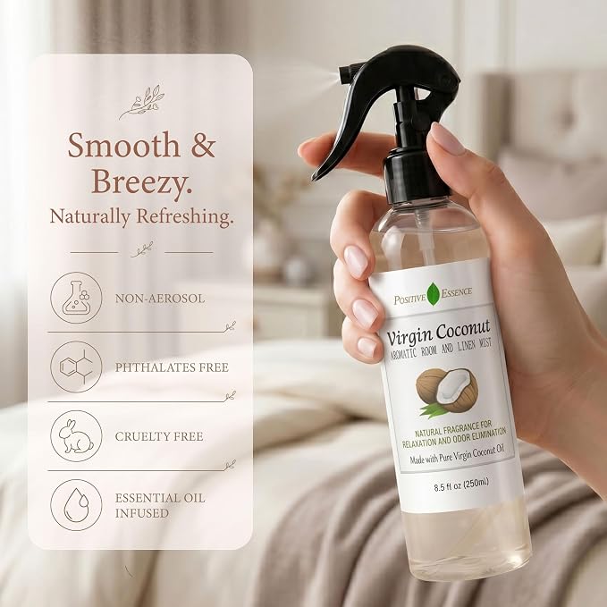 Virgin Coconut Linen and Room Spray, Natural Aromatic Mist Made with Pure Virgin Coconut Oil, Relax Your Body & Mind, Perfect as a Bathroom Air Freshener Odor Eliminator