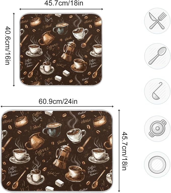 Coffee Beans Dish Drying Mat for Kitchen Counter 16 x 18 Inch Absorbent Microfiber Dry Dishes Mats Drainer Mat Dish Drying Pad for Countertops