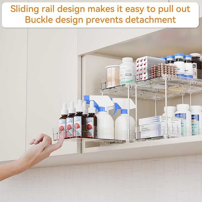 Yieach 2 Tier Pull Out Cabinet Organizer and Medicine Cabinet Storage for Supplement,Vitamin,Medication and Pill Bottle,10.4" Deep Pantry Organizers Drawer,Under Sink Organizer for Bathroom,Cupboard