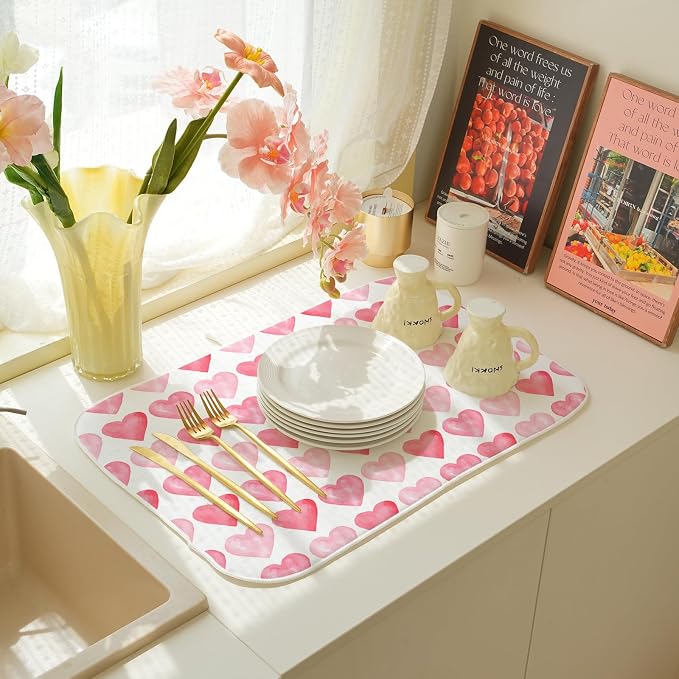 Valentines Day Dish Drying Mats 18x24 Inch Love Pink Heart Drying Mats Anniversary Mother's Day Holiday Valentines Decorations Absorbent Drying Dish Mats for Kitchen Dining Room Counter Decor