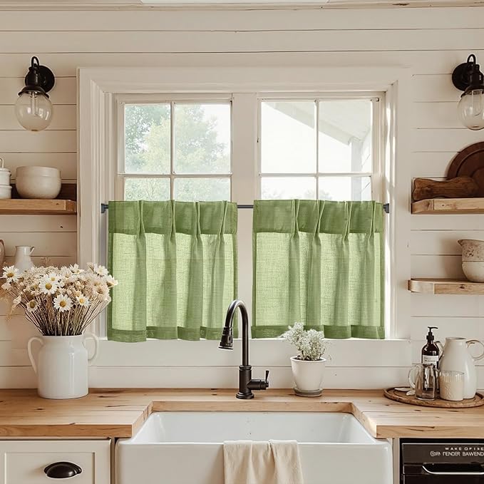 jinchan Linen Pinch Pleated Back Tab Tier Curtains, 26x24, 2 Panels, Green | Light filtering,small window treatment,cafe curtains,machine washable,farmhouse,kitchen,bathrooms,laundry