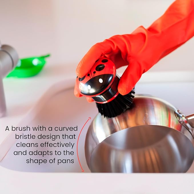 Vigar Ladybug Dish Scrub Brush with Holder, Kitchen Scrub Brush for Dishes, Dish Scrubber, Sink Brush, Dishwashing Brush and Vegetable Scrubber for Household Cleaning - Ladybug
