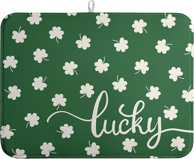 St Patricks Day Lucky Clover Dish Drying Mats for Kitchen Counter Green White Shamrock Dish Drying Pad St Patrick Microfiber Absorbent Reusable Washable Large Dishes Drying Mat 18x24 Inch