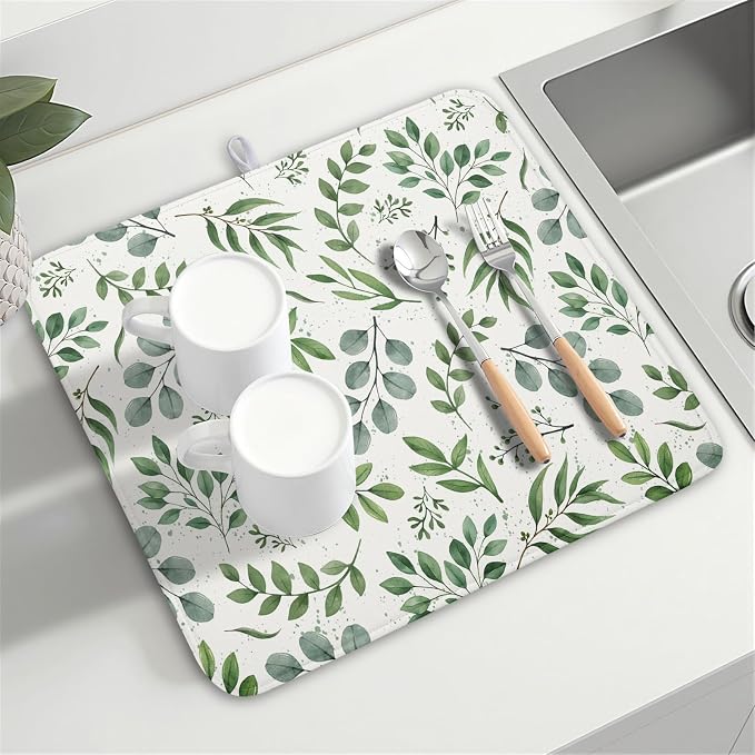 Kawani Sage Green Dish Drying Mat 16x18 In Absorbent Reversible Eucalyptus Leaves Plant Drying Mat Green Plant Dish Drying Rack Mat Spring Summer Themed Dish Drainer Mat for Kitchen Counter Coffee Bar