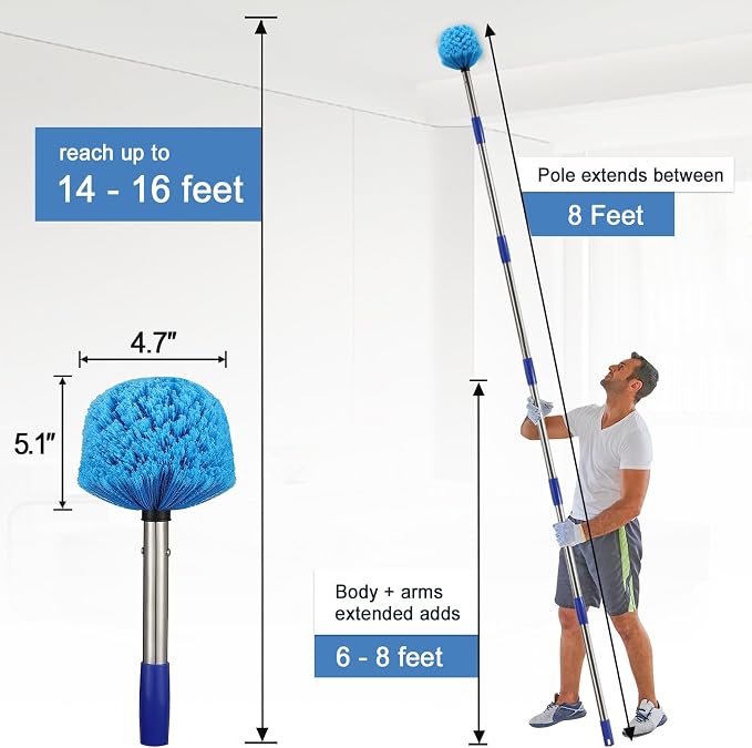 Cobweb Duster with Extension Pole - 8 FT Lightweight Stainless Steel Extendable Duster Ceiling Fan Duster for High Ceilings, Medium Stiff PET Bristle Spider Web Brush for Indoor/Outdoor Cleaning