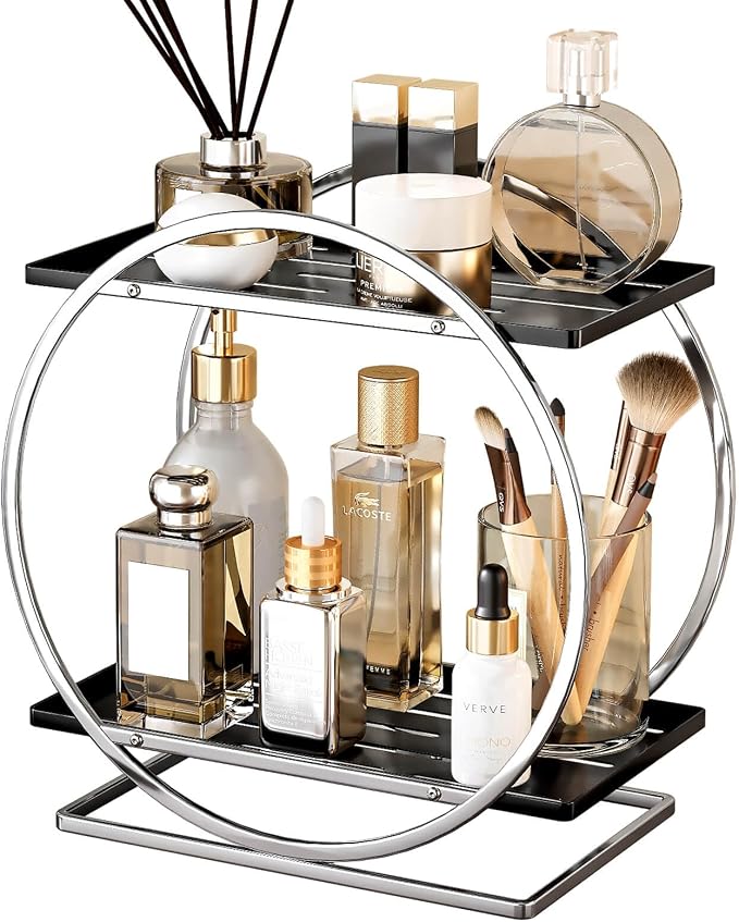 Bathroom Counter Organizer, Silver Black Perfume Organizer for Dresser, 2-Tier Bathroom Organizers and Storage, Exquisite Makeup Organizer Countertop Vanity Tray for Perfume Cosmetic Skincare