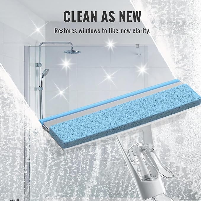 3-in-1 Window Squeegee for Window Cleaning with 300ML Tank & Scrubber | Window Cleaning Kit with Sponge Scrubber, Shower Squeegee for Glass Doors, Mirrors, Windshields, Car Windows & Hanging Hole