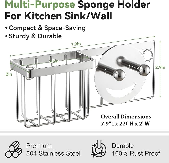 [Space Saving] Sponge Holder for Kitchen Sink, Great for Scrub Daddy / Scrub Mommy Sponges, Rust-proof Sink Sponge Caddy Organizer for Dish Brush, Scrubber - 2 Mounting Options (Suction Cups & Hooks)