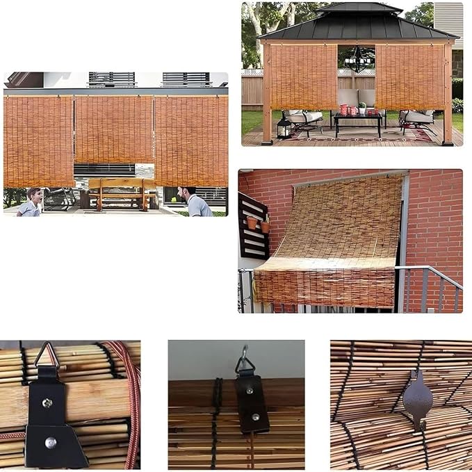 Retro Bamboo Roll up Blinds, Outdoor Reed Shades for Patio & Porch, Waterproof Roller Window Shades with Lift, Blackout Privacy Screen for Home Garden, 24" 36" 48" 60" 72" Wide Brown(44" W x 84" H)