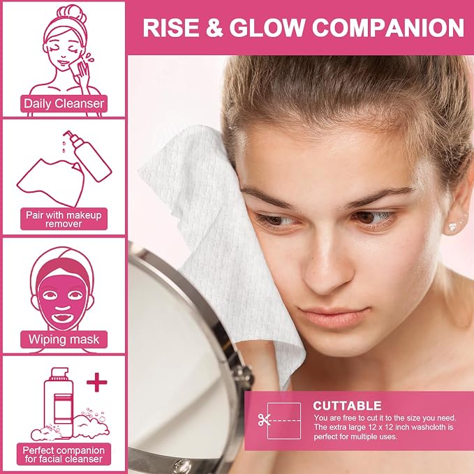 FACEMADE 180 Count (3 Packs) XXL Disposable Face Towels 12" × 12", 100% Biobased Face Towels Disposable, Clean Facial Towels for Makeup and Clean Skin, Super Soft and Thick Dry Wipes Club