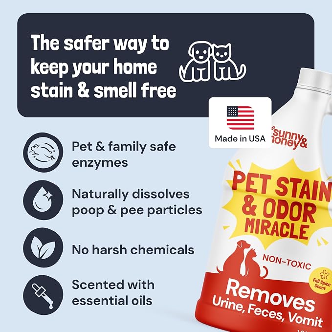 Sunny & Honey Pet Stain and Odor Remover for Carpets, 1 Gallon Spice | USA Made - Enzyme Cleaner for Dog Urine & Poop - Eliminates Set In Stains - Color Safe - For Rugs, Furniture & Car Seats