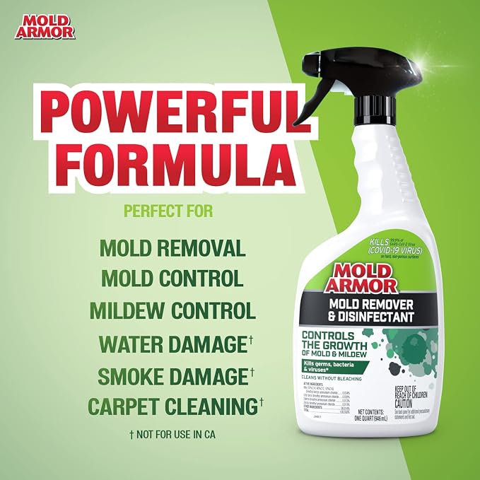 Mold Armor Mold Remover & Disinfectant Cleaner, 32 oz. Spray Bottle, Inhibits Growth of Mold, Kills 99.9% of Household Bacteria and Viruses, Easy-To-Use Mildew and Mold Control Solution