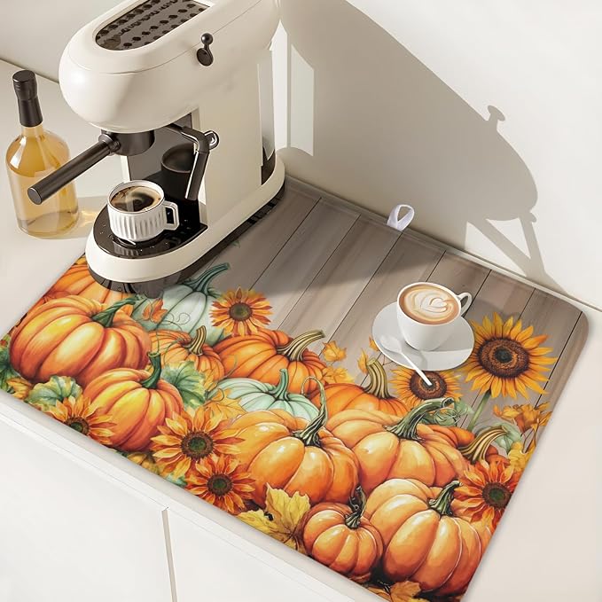 Fall Orang Pumpkin Dish Drying Mat for Kitchen Counter 18 x 24 Inch Autumn Sunflower Dish Drainer Mat Absorbent Microfiber Thanksgiving Wooden Dish Rack Pad for Coffee Dining Bar Decor