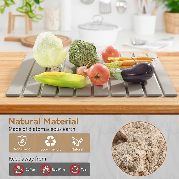Stone Dish Drying Mats for Kitchen Counter-23.6''x15.3'' Foldable Quick Dry Stone Mat Kitchen,Eco-Friendly,Absorbent Diatomaceous Earth Mats for Dishes Bottles Cups Bathroom Any Countertop-Light Gray