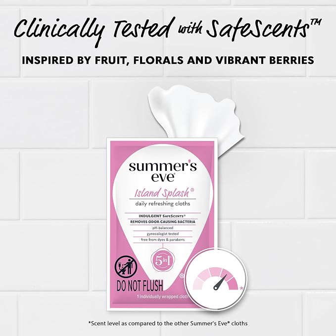 Summer's Eve Feminine Wipes, Island Splash, Individually Wrapped Vaginal Wipes, Feminine Care to Help Remove Vaginal Odor, Gynecologist Tested, 12 Wipes