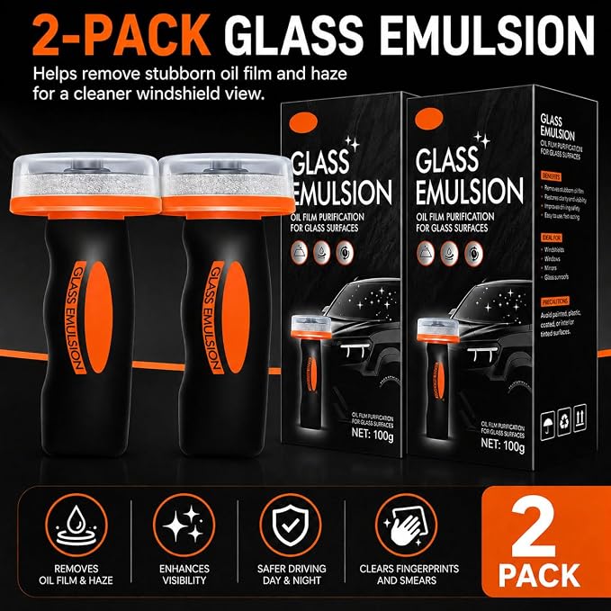 Windshield Oil Film Remover for Car, 2 Pack 100ml Each Roll-On Glass Cleaner Compound with Built-In Cleaning Pad, Helps Remove Road Film, Water Spots, Smudges & Haze, Exterior Auto Glass