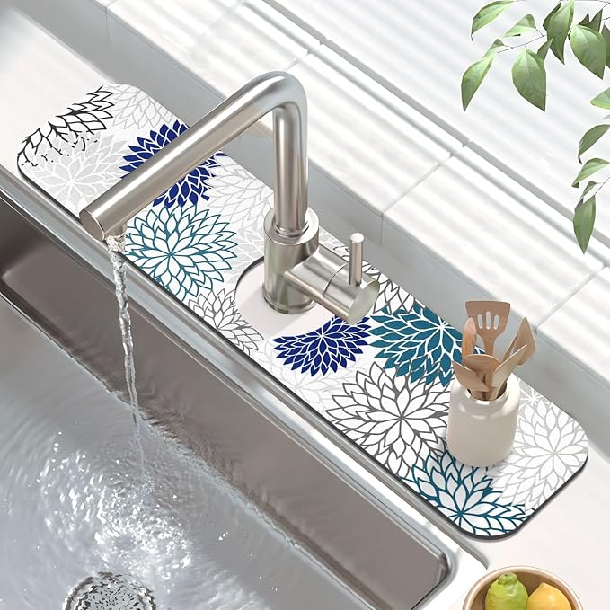 Findosom 2PCS 12" x 20" Dish Drying Mat & 24" x 5.5" Sink Splash Guard, Super Absorbent & Cuttable Dish Mat Drying Kitchen Mat with Blue Floral, Hide Stain Drying Mat for Kitchen Counter
