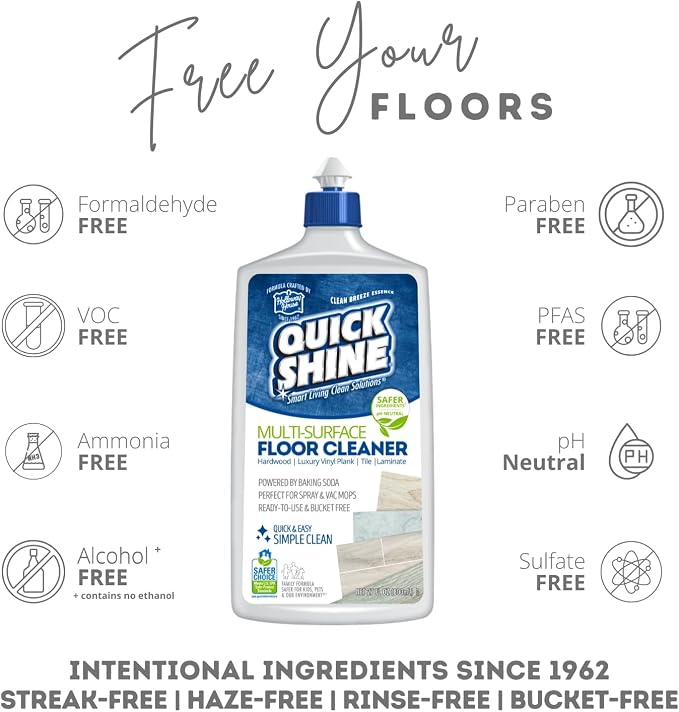 Quick Shine Multi-Surface Floor Cleaner 27 oz-2 Pk, Streak-Free, No Residue | Powered by Baking Soda, Clean Breeze Essence, pH Neutral, No Rinse, PFAS & Ammonia Free, EPA Safer Choice Made in USA