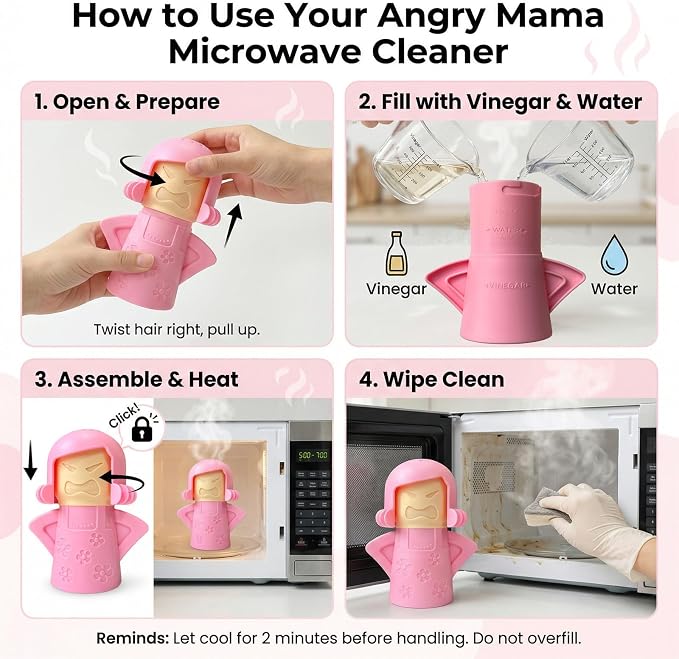 Angry Mama Microwave Oven Steam Cleaner, Angry Mom Microwave Cleaner, Just Add Vinegar and Water, Cut Cleaning Time by Half (Pink)