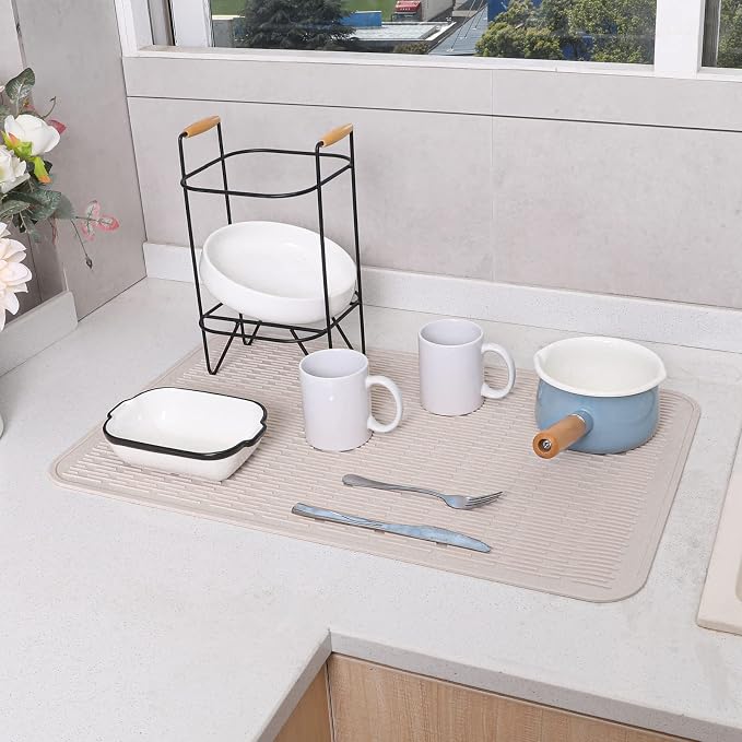 MicoYang Silicone Dish Drying Mat for Multiple Usage,Easy clean,Eco-friendly,Heat-resistant Silicone Mat for Kitchen Counter or Sink,Refrigerator or Drawer Liner Tapioca 3XL 28 inches x 18 inches