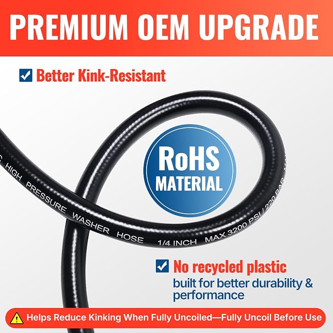 YAMATIC Pressure Washer Hose 25FT x 1/4", 3200 PSI Kink Resistant OEM-Quality Upgrade Power Washer Replacement with M22-14mm Brass Fittings for Ryobi, Troy Bilt, Greenworks, Craftsman