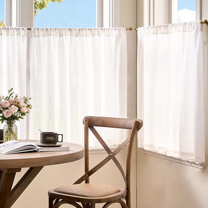 jinchan Linen Kitchen Tier Curtains, 38x36, 2 Panels, Beige White | Light filtering, linen blend, rod pocket, farmhouse style, rustic decor, kitchen, bathroom, laundry room, RV, small windows