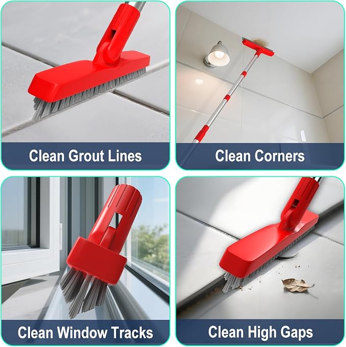 2 Pack Grout Brush with Long Handle, Swivel Cleaning Grout Line Scrubber - Extendable Durable Handle Grout Cleaner Brush for Bathroom,Tile,Baseboard,Walk in Shower,Corner & Narrow Space (Red)