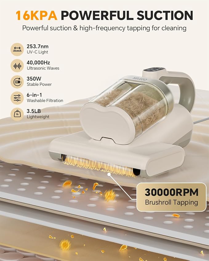 Mr.ego Mattress Vacuum Cleaner, 16Kpa Bed Vacuum with 253.7nm UV-C Light & Ultrasonic, 16.4FT Corded, Washable HEPA Filter, Handheld Vacuum for Bed, Couch, Crib, Carpet (White)