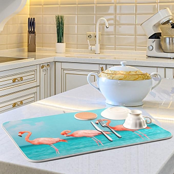 Absorbent Dish Drying Mat for Kitchen Counter - Blue Beach Flamingos Microfiber Drying Pad, Reversible Drainer Mats for Countertop, Lager 18 x 24 inch