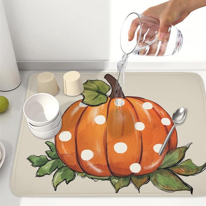 Fall Pumpkin Dish Drying Mat for Kitchen Counter 18 x 24 Inch Autumn Green Leaf Dish Drainer Mat Absorbent Microfiber Thanksgiving Harvest Dish Rack Pad for Coffee Dining Bar Decor