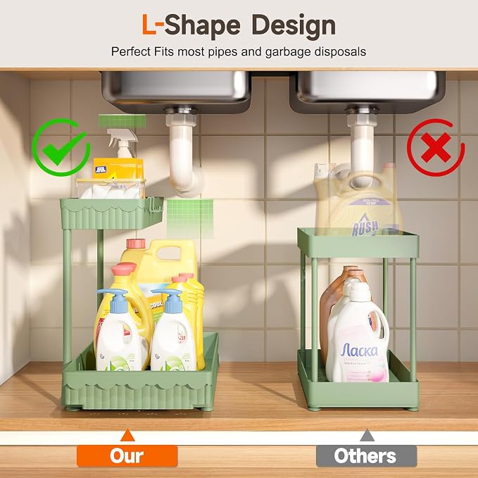 Sevenblue 3 Pack Multi-Purpose Pull-Out Storage Organizers, 2-Tier L-Shaped Under Sink/Cabinet Organizers and Storage for Bathroom & Kitchen,Green,12.85 Inch