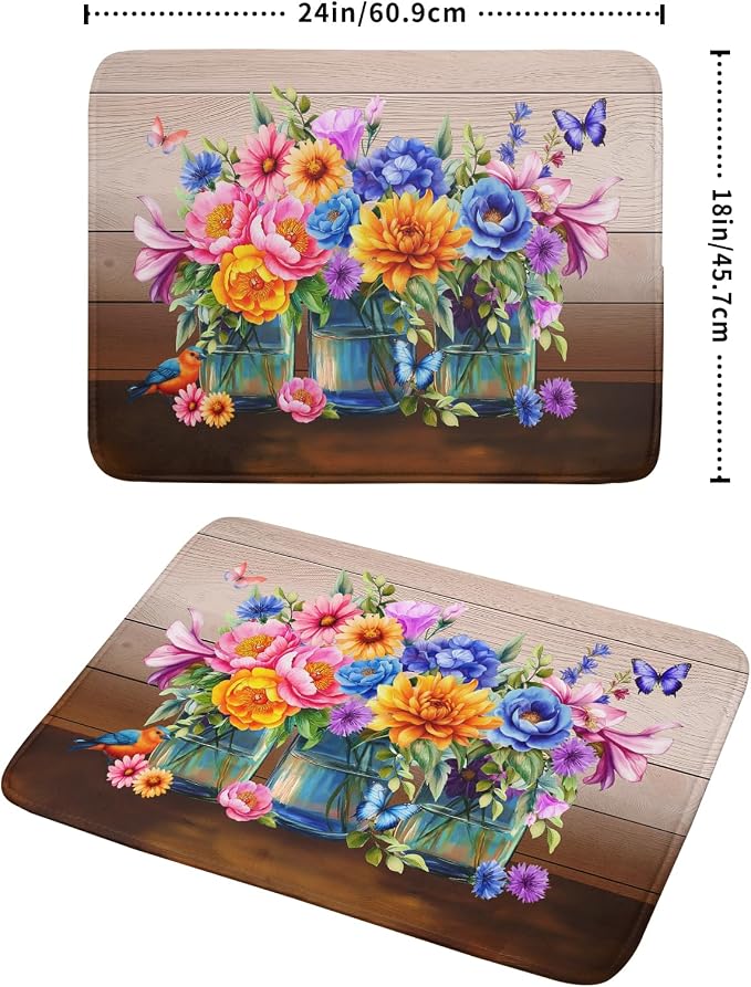 Summer Flowers Dish Drying Mat for Kitchen Counter 18x24in Vintage Colorful Floral Kitchen Drying Mat Soft Absorbent Microfiber Farmhouse Flowers Dish Drainer Rack Mats for Kitchen Countertops