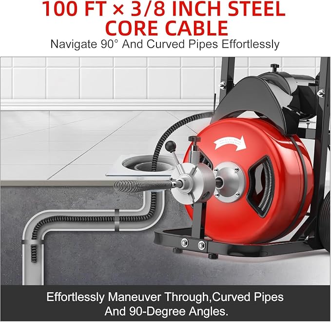 100Ft 3/4 Inch Drain Cleaning Machine. Sewer Snake 750w Auto Feed with 6 Cutter, Portable Drain Cleaning Machine Electric Drain Auger Sewer Auger Air-Activated Foot Switch for 4" to 8" Pipes