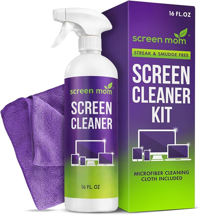 Screen Mom Screen Cleaner Spray 16oz Bottle for TV, Car, Laptop & Computer | Streak-Free Cleaning, Glass & OLED Safe, Alcohol-Free Formula, Scratch-Resistant Microfiber Cloth, Safe for Phones & Tablets