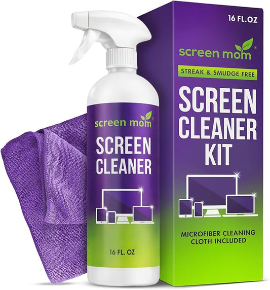 Screen Mom Screen Cleaner Spray 16oz Bottle for TV, Car, Laptop & Computer | Streak-Free Cleaning, Glass & OLED Safe, Alcohol-Free Formula, Scratch-Resistant Microfiber Cloth, Safe for Phones & Tablets