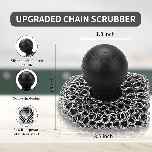 Cast Iron Scrubber with Pan Scraper, 316 Chainmail Scrubber, Upgraded Chain Mail Scrubber Sponge, Cast Iron Cleaner for Pan Skillet Wok Carbon Steel, Dutch Oven Metal Brush Cleaning Kit, Black