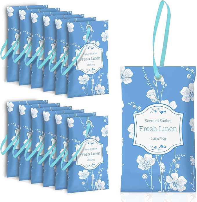 SCENTORINI Scented Sachets for Drawer and Closet, Fresh Linen Scent 14 Pack | Sachets Bags Gift Set, Closet Freshener Sachet for Wardrobe Freshener, Cupboard, Luggage, Handbag, Suitcases,Gym Bag, Locker