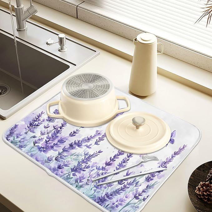 Purple Lavender Spring Summer Flower Floral Dish Drying Mat for Kitchen Counter Absorbent Microfiber Large Drying Pad Dish Mats for Kitchen Countertops 18 x 24 Inch