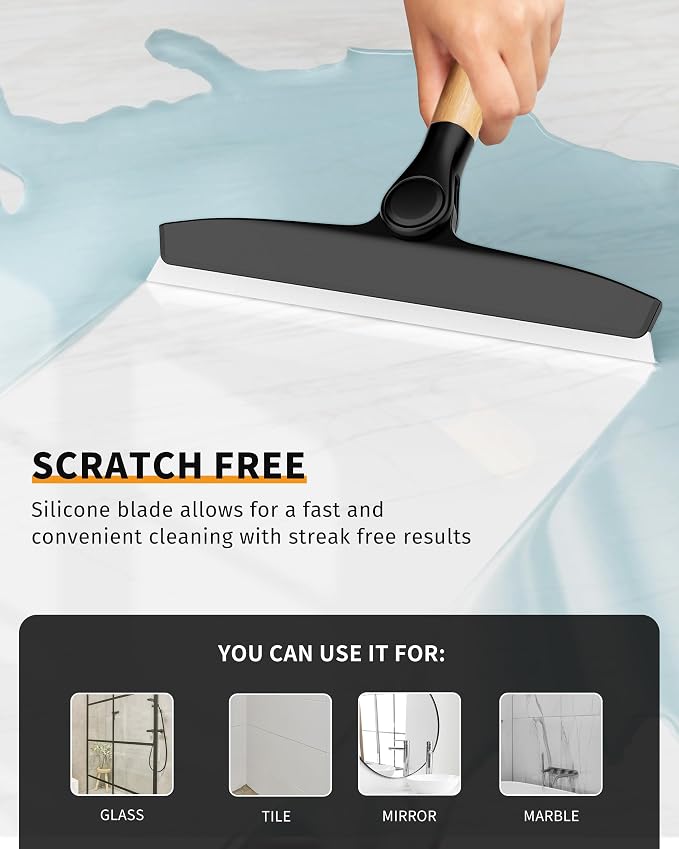 MR.SIGA Silicone Squeegee for Shower Door, Mirror, Glass, 10 inch, Black | Streak free shower squeegee for windows, showers and glass surfaces, pivoting bamboo handle, includes 1 suction hook