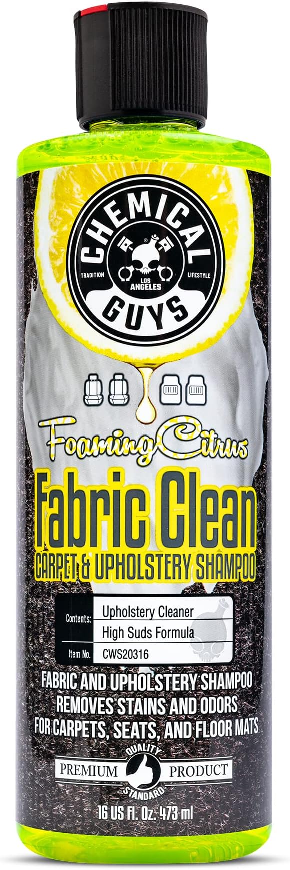 Chemical Guys, Foaming Citrus Fabric & Carpet Cleaner, Seats & Mats, 16 oz | High-foam cleaner lifts coffee, soda and food stains and odors from seats, carpet and floor mats, citrus scent
