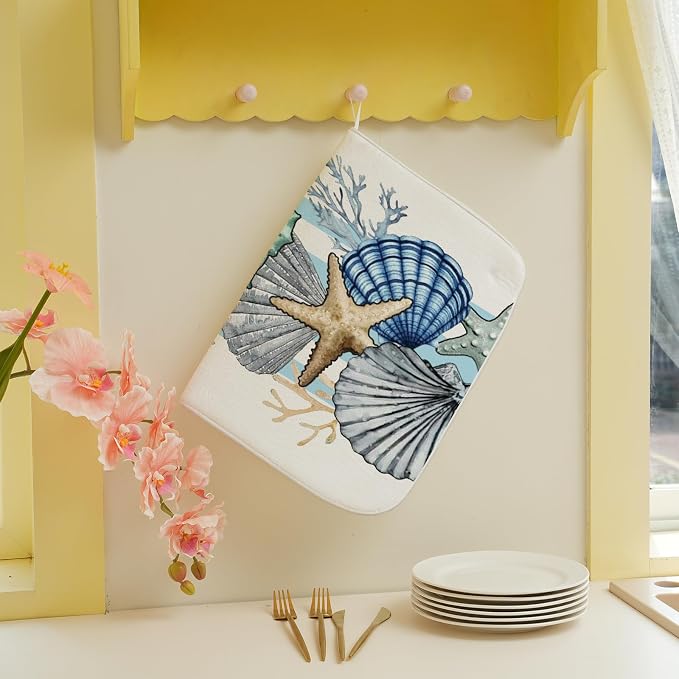 Nautical Coastal Starfish Dish Drying Mat 18x24 Inch Blue Beach Coral Shell Drying Mat for Kitchen Counter Absorbent Seasonal Summer Ocean Dishes Dry Pad for Drainer Rack Kitchen Fast Dry