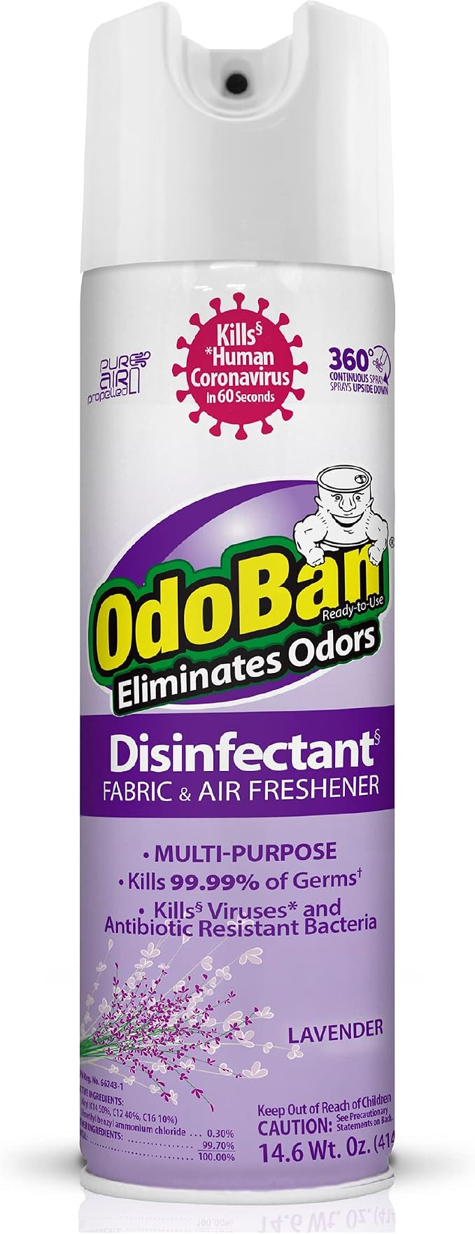 OdoBan Ready-to-Use 360-Degree Continuous Spray Disinfectant & Harsh Aroma Eliminator, Fabric and Air Freshener, Made in the USA, Lavender Scent, 14.6 Ounces