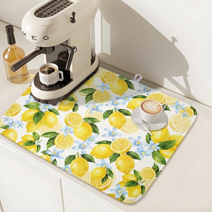 Kawani Lemon Dish Drying Mat 18x24 Inch Absorbent Reversible Summer Drying Mat Floral Lemon Fruits Dish Drying Rack Mat Yellow Summer Themed Dish Drainer Mat for Kitchen Counter Coffee Bar