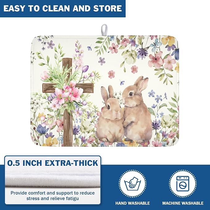 Easter Bunny Dish Drying Mat 18 x 24 Inch Rabbit Dish Drainer Rack Mat Colorful Floral Mat Absorbent Microfiber for Holiday Kitchen Coffee Dining Bar Decor