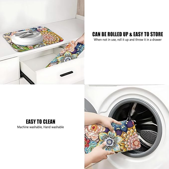 Dish Drying Mat 2-Pack with Mandala for Kitchen Counter Absorbent Dishes | Diatom Mud Mats (18x24, 19.5x12"). Non-slip rubber back for kitchen counter, coffee bar & sink scenes
