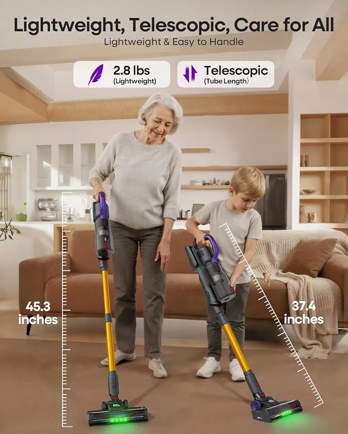 AlloyMove Cordless Vacuum Cleaner 45KPA, Up to 60mins Runtime Lightweight Powerful Suction Vacuum Cleaners for Home, 3 Suction Modes, Rechargeable Stick Vacuum for All Floor/Carpet/Pet Hair/Car, A03