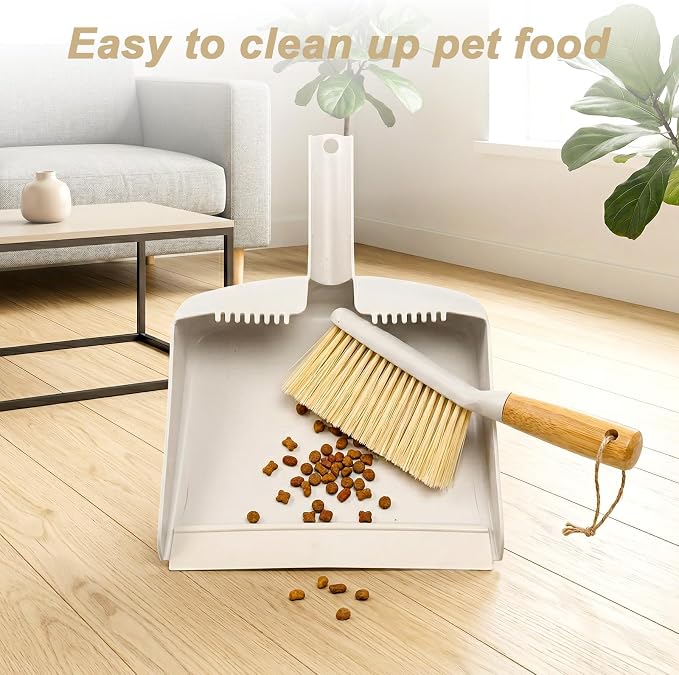 Mini Dustpan and Brush Set with Bamboo Handle, Portable Multipurpose Broom Dustpan Set with Handle Teeth, for, Desktops, Bedroom, Kitchen, Pet Care, Camping, 1 Set (White)